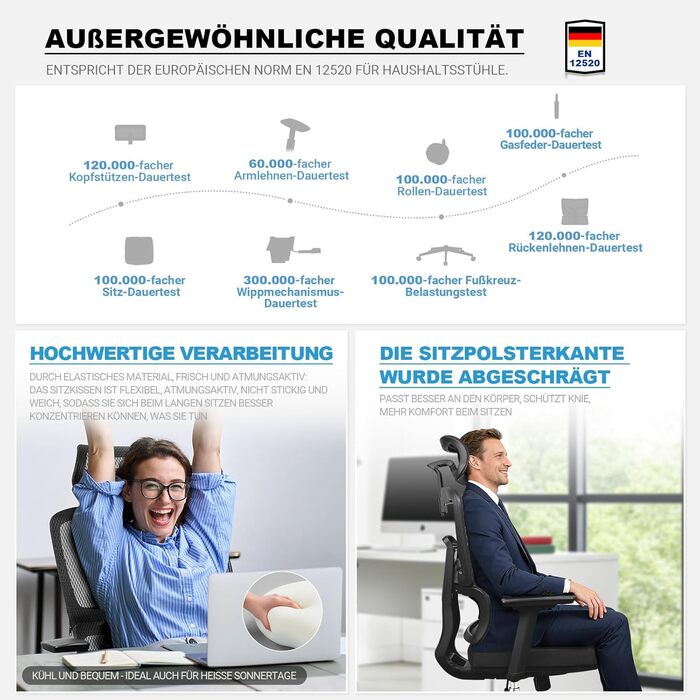 Ергономічне офісне крісло 200 кг | Регульована спинка 6P | 4D підлокітники | Безшумні гумові колеса | Регулювання глибини сидіння | Крісло для великих людей | Перевірено EN12520 | Пінощільність 45