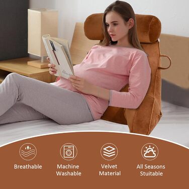 Подушка для читання MINGPINHUIUS XL для ліжка та дивана з знімною подушкою для шиї, ідеальна для дорослих, з піною з пам'яті для комфортного читання, роботи, ігор, перегляду телевізора та відпочинку (Коричнева)