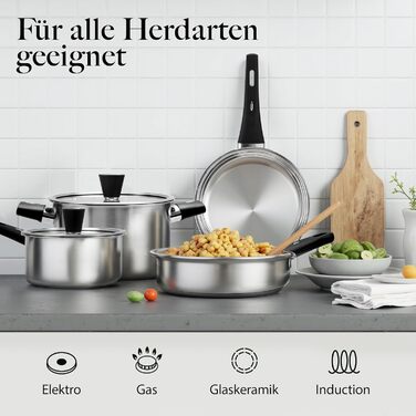 Набір каструль 6 шт. з нержавіючої сталі для індукційних плит, Cookware Set, нержавіюча сталь, без антипригарного покриття, сумісний з усіма типами плит, з кришкою та захистом від опіків, для посудомийної машини