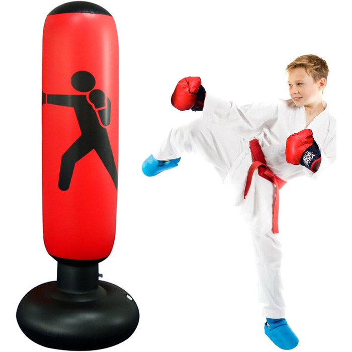 Надувна боксерська груша, боксерська груша 160 см Дитяча надувна боксерська груша з повітряним насосом для занять карате, тхеквондо, скидання тиску та домашніх тренувань, боксерська груша Діти від 5 років-червоний