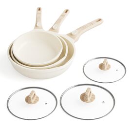 Набір сковорідок RIOVARM з індукційним покриттям, знімними ручками та кришками (20/24/28 см), антипригарне покриття без PFOA, для всіх типів плит, безпечне для миття в посудомийній машині та випікання в духовці, бежевий, 3 шт.