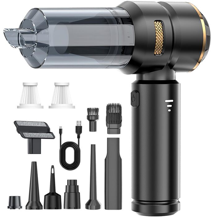 Акумуляторний ручний пилосос 4 в 1 для авто та дому, безщітковий мотор 22000Па, потужність 6000 мАг, портативний електричний обдуватель для прибирання шерсті та пилу, чорно-золотий