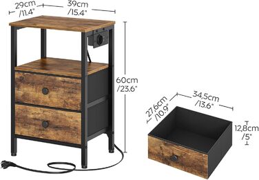 Нічний столик з підзарядкою, тумбочка з 2 шухлядами, приліжний столик з USB-портами та полицями, для вітальні, спальні, вінтажний коричневий та чорний XET02CBRY1
