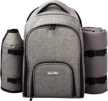 Рюкзак для пікніка Hap Tim на 4 особи з термокишенею, підставкою для пляшок/вина, флісовою ковдрою, тарілками та набором столових приборів. Ідеально для відпочинку на природі, спорту, походів, кемпінгу та грилів. (EU-3065, Сірий)