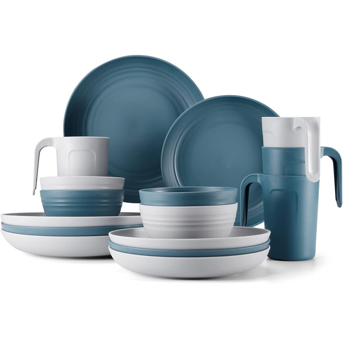 Набір посуду Odoland на 4 особи, 17 предметів: тарілки, миски, чашки (пластик, блакитний/сірий)