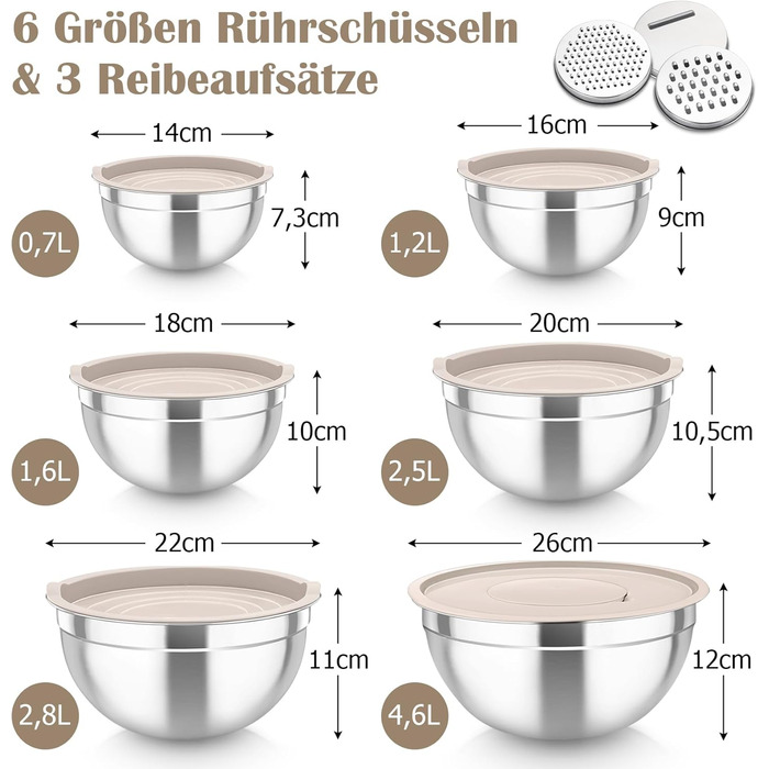 Набір салатниць TEAMFAR 6 шт. з нержавіючої сталі з кришками та силіконовими ніжками, 0,7L / 1,5L / 1,6L / 2,5L / 2,8L / 4,6L, багатофункціональний, для миття в посудомийній машині, з терками
