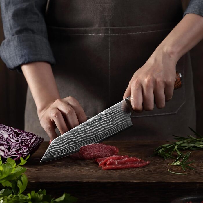 Японський ніж Wakoli EDIB Kiritsuke з дамаської сталі (серцевина VG10), 20 см – професійний ніж для кухні та приготування їжі, з ручкою з паккавуда, у подарунковій коробці з гравіюванням