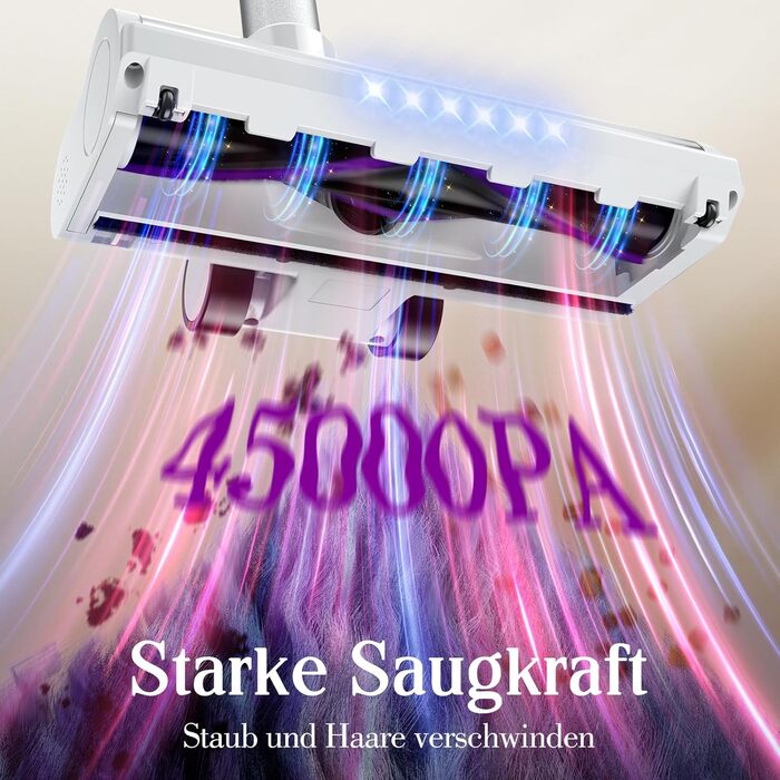 Бездротовий акумуляторний пилосос 45000 Па, 60 хв, 1,75 кг, 6-в-1 з сенсорним екраном, LED-підсвіткою, антизаплутувальною щіткою та зарядною станцією, 7-шарова фільтрація для шерсті тварин, килимів, твердих поверхонь, авто, білий з фіолетовим