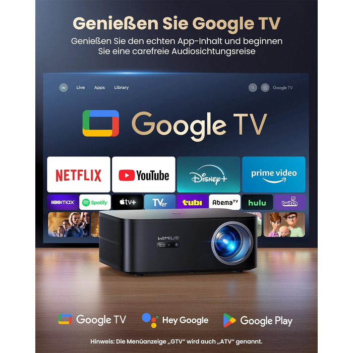 Beamer 4K для дому з Google TV, 1200 ANSI, Netflix, FHD 1080p, автофокус, корекція трапеції, 20W, WiFi6, Bluetooth, для вулиці, чорний
