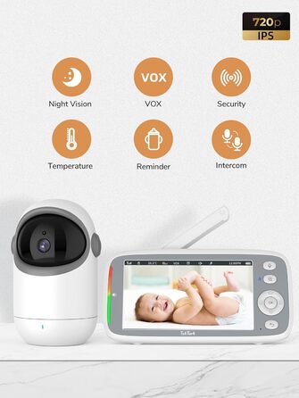 Відеоняня TakTark з камерою 5'' 720P IPS, поворот Pan-Tilt 300°, двосторонній зв'язок, нічний режим та моніторинг температури, VOX