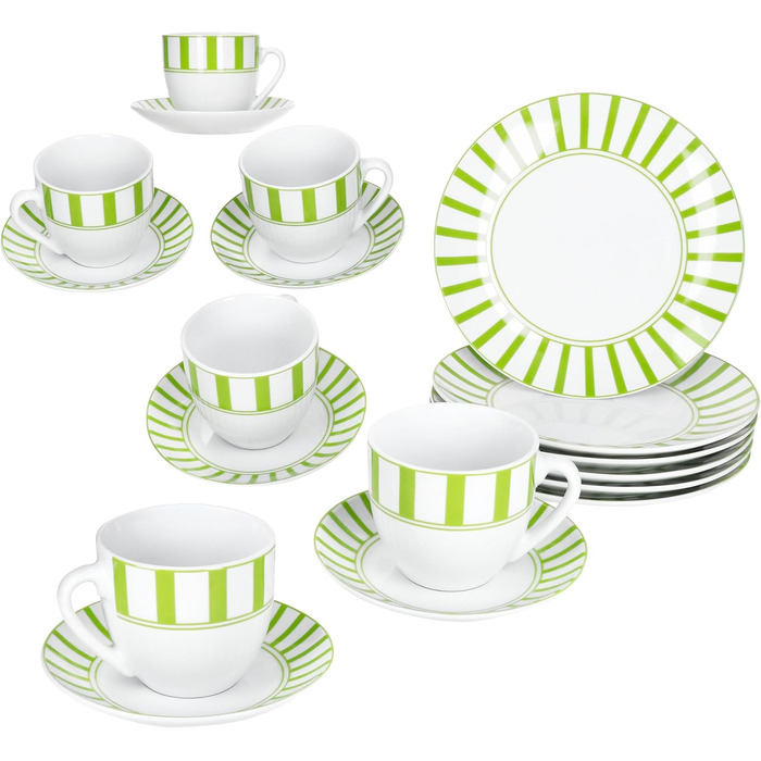 MamboCat Комплект посуду для кави та сніданку 18 предметів, зелений, для 6 осіб | Кавовий сервіз з порцеляни з смужками, 6 чашок 200мл, 6 підставок, 6 тарілок