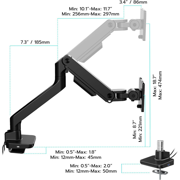 Кріплення для монітора ARES WING з USB A/C, кріплення для монітора, 17-49 дюймів, вантажопідйомність 20 кг, газ-амортизатор, VESA 75/100 мм, чорний