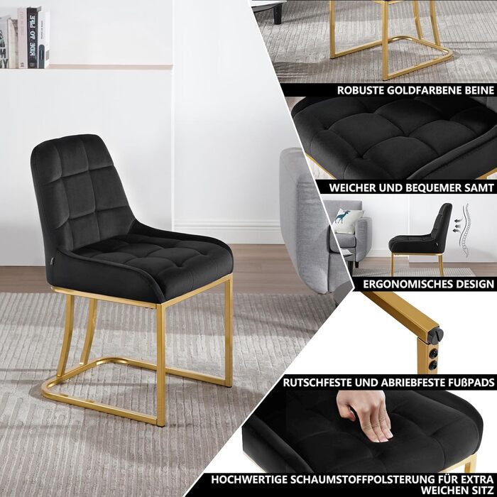 Стілець для їдальні WOLTU, кухонний стілець з велюру, набір 8 шт., чорний, з металевим каркасом