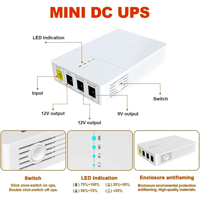 Mini USV 27W для роутера з акумулятором 7800mAh, Li-Ion, резервне живлення, 9V/12V DC, WiFi, Modem, камера