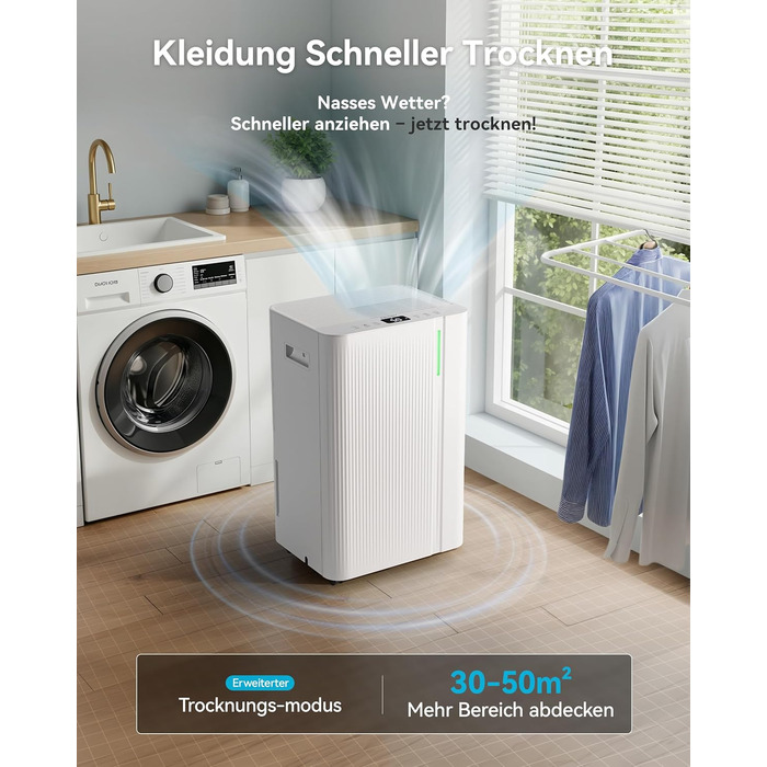 EUHOMY Електричний осушувач повітря 20л/день, для підвалу з відведенням води, тихий, з таймером та авторозморожуванням, для квартири 50м² та 150м³