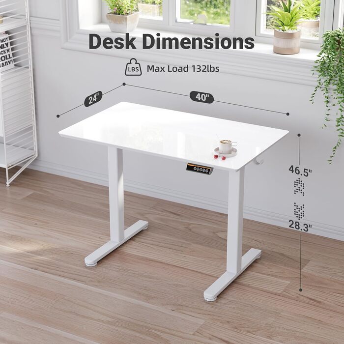 Регульований стіл Claiks з скляною стільницею 120x60 см, електричний, для дому та офісу, комп'ютерний, сучасний, білий