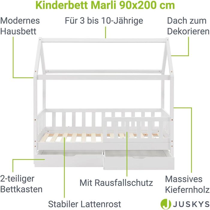 Дитяче ліжко Juskys Marli з 2-компонентним місцем для зберігання, захистом від падіння, рейковим каркасом і дахом - Дитяче ліжко з масиву дерева - ліжко (90 x 200 см, біле)