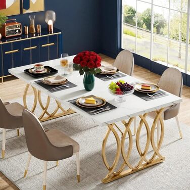 Білий обідній стіл 160x80 см з металевим каркасом та стільницею з акрилового каменю (Kunstmarmor) - для їдальні та кухні