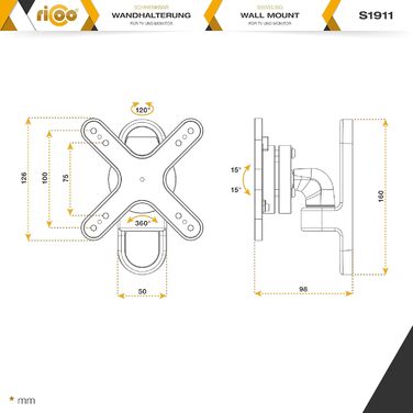 Кріплення для монітора RICOO TÜV сертифіковане, поворотне та нахильне, універсальне, 13-32 дюйми, VESA 75x75, 100x100 мм, до 15 кг, срібний колір
