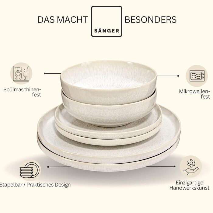 Набір посуду SÄNGER Korfu на 16 осіб, кераміка ручної роботи, сервіз для 4 осіб, кремові кольори з піщаною текстурою