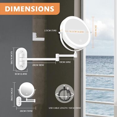 Дзеркало для макіяжу Auxmir з підсвічуванням, 1x, перезаряджуване, з підсвічуванням для гоління, настінне, з регулюванням яскравості, збільшувальне (30x), 3 кольори світла, поворотне на 360°, для ванної кімнати (білий)