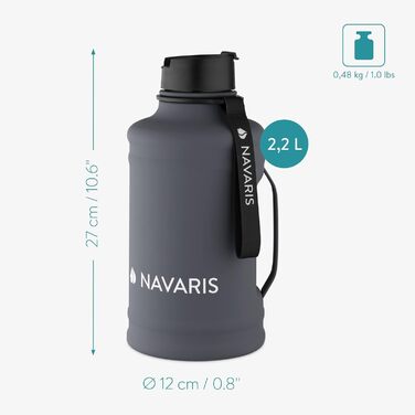 Пляшка для фітнес-води Navaris 2.2 літра - з ручкою - Пляшка XXL Пляшка для тренажерного залу - Спортивна пляшка для води Глечик для води - міцна спортивна пляшка з нержавіючої сталі Темно-сірий