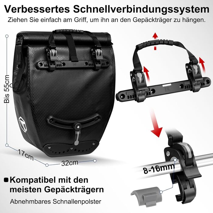 Кофри toptrek для багажника, водонепроникний багажник Pannier 23-28L, сумка для багажу 2-в-1 зі світловідбивачами, задні сумки для велосипедів Багажна полиця з ручкою та плечовим ременем