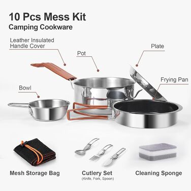 Набір посуду для кемпінгу Odoland: каструля, сковорода, тарілки, миски, столові прибори (10 шт.) з антипригарним покриттям та шкіряним чохлом