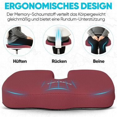 FORTEM Подушка для сидіння на офісне крісло, комп'ютерне крісло, автомобільне крісло. З Memory Foam, нековзна, велика (червона сітчаста тканина, extra large)