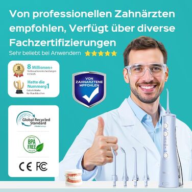 COSLUS Душова насадка електрична бездротова, Testsieger 2026: 20 рівнів тиску води, IPX7 водонепроникність, точна технологія Anti-Splash, 4 режими для здоров'я ротової порожнини, для щоденного використання та подорожей, 5 інтенсивностей (блакитний)