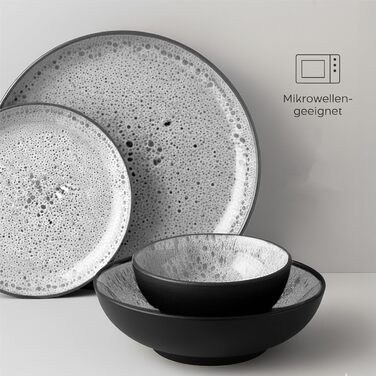 Набір посуду Twinzee Steingut (24 частини) для 6 осіб: тарілки та миски - серія Riviera Perla, з каменю, підходить для мікрохвильової печі
