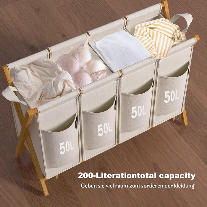 Кошик для білизни AdelDream з 3 відділеннями, 150л, бамбук, сортувальник, сірий