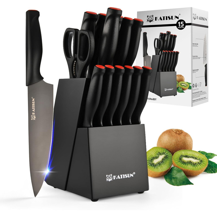 Набір кухонних ножів Katisun 16 шт. з підставкою, японська сталь, з заточувачем, дощечкою та ножицями. Кухонний набір для нарізання, шинкування та різання, стійкий до миття в посудомийній машині, титанове покриття