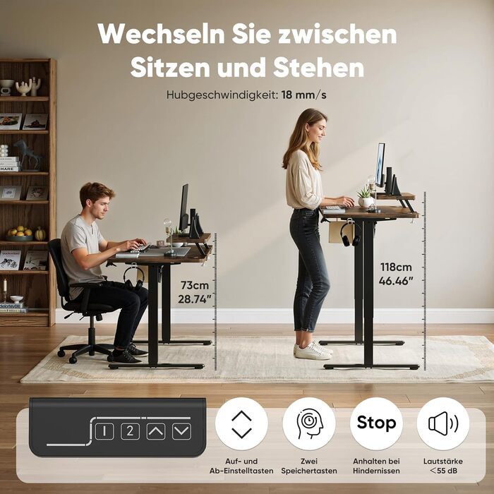 Регульований стіл Sweetcrispy з підставкою для монітора, 120 x 60 см. Електричний, ергономічний стіл для стоячи/сидячи, комп'ютерний стіл, вінтажний коричневий, 120 x 60 см