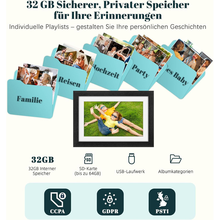 Frameo Цифровий фоторамка з Wi-Fi, 10.1 дюйма, горіх, 32GB, HD IPS сенсорний екран, відтворення фото/відео через додаток Frameo, подарунок для чоловіків та жінок