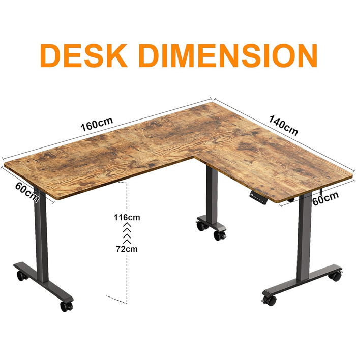 Електричний кутовий стіл BEXEVUE з регулюванням висоти 160x140 см, 3 функції пам'яті, антиколізійна технологія, ергономічний, коричневий