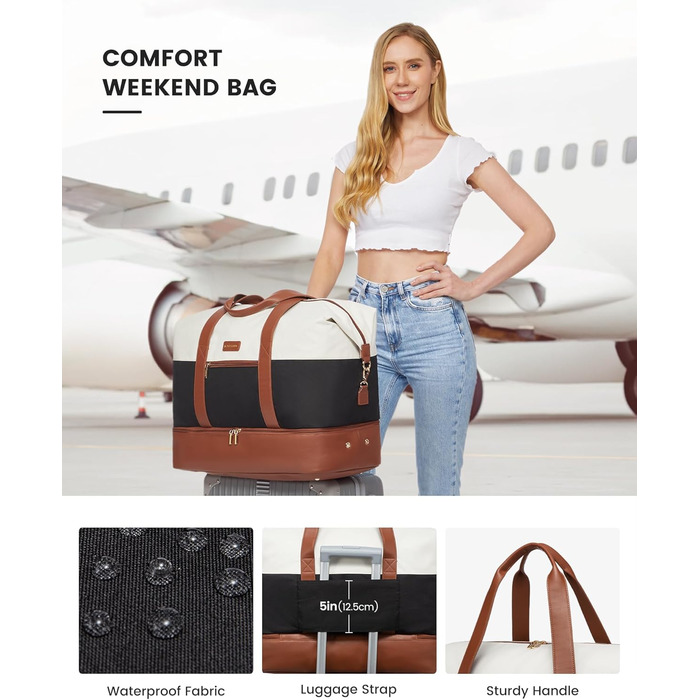 Сумка-валіза LOVEVOOK для жінок, спортивна сумка-мішок, дорожня сумка на вихідні, ручна поклажа для літака, сумка для пологового будинку, дорожня сумка для одягу з відділенням для взуття, бежево-коричнево-чорна, 50x38x25 см