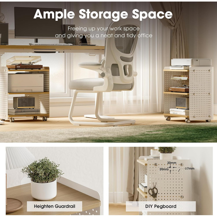 Стіл для принтера Fenge з колесами, мобільний тримач для принтера з перфорацією, 3 рівні, стійка для принтера/роликовий контейнер з органайзером, полиця, шафа для документів, для офісу та дому, 45,3x33,5x53,5 см (Дуб+Білий)