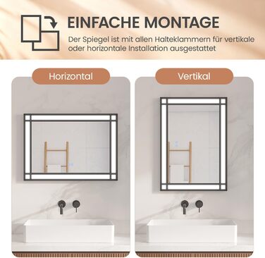 Дзеркало для ванної кімнати AQUABATOS LED з підсвічуванням 50x70 см, імітація вікна, сенсорне регулювання, антизапар, чорний алюмінієвий каркас, індустріальний стиль