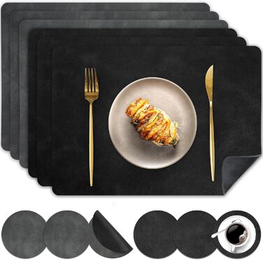 Набір підставок під тарілки та серветок Pixieora, 6 шт., сірий/чорний, штучна шкіра, миючіся, з антиковзаючим покриттям
