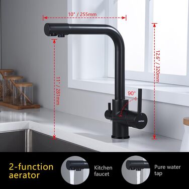 Змішувач для кухні GRIFEMA 3-ходовий змішувач з фільтром-змішувачем Кухня обертається на 360, з 3 шлангами (50 см) і подвійним краном для гарячої/холодної/очищеної води, латуньЕксклюзивно для Domopolis (чорний, важіль)