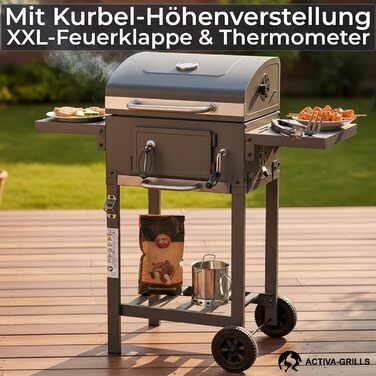 ACTIVA Гриль на вугіллі Angular Smart I з кришкою, регульованою кошиком для вугілля та термометром | Гриль-візок для барбекю