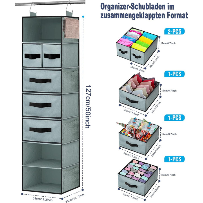 Органайзер для шафи-купе з підвісною полицею на 7 відділень, 5 ящиків, 8 сітчастих кишень для спальні (сірий)