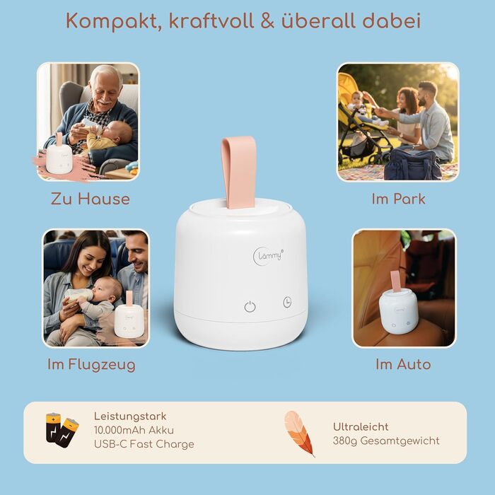 Підігрівач для пляшечок Lämmy – акумуляторний, портативний, точний, не протікає, компактний – для всіх пляшечок, USB