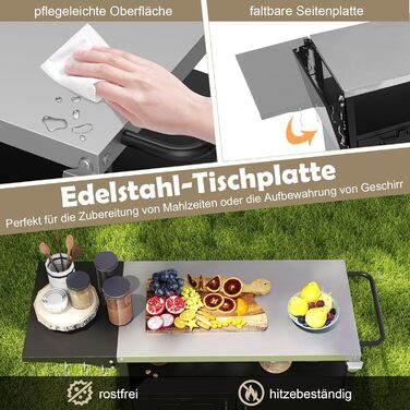 Grillwagen COSTWAY Outdoor: гриль-стіл з нержавіючою сталлю, відкидним бічним столиком, шафкою, 6 гачками та ручкою, до 100 кг, металевий столик для кемпінгу, пікніків, вечірок на відкритому повітрі, 127 x 50 x 84 см