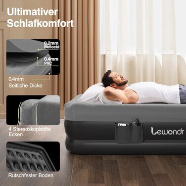 Надувне ліжко Lewondr на 2 особи з вбудованим насосом, 203x152x46 см, сірий колір, 250 кг, для кемпінгу, дому, гостей, подорожей
