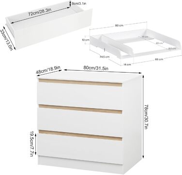 Комод для переодягання з пеленальним столиком WOLTU, 3 шухляди, білий+дуб, захист від перекидання, 86 см