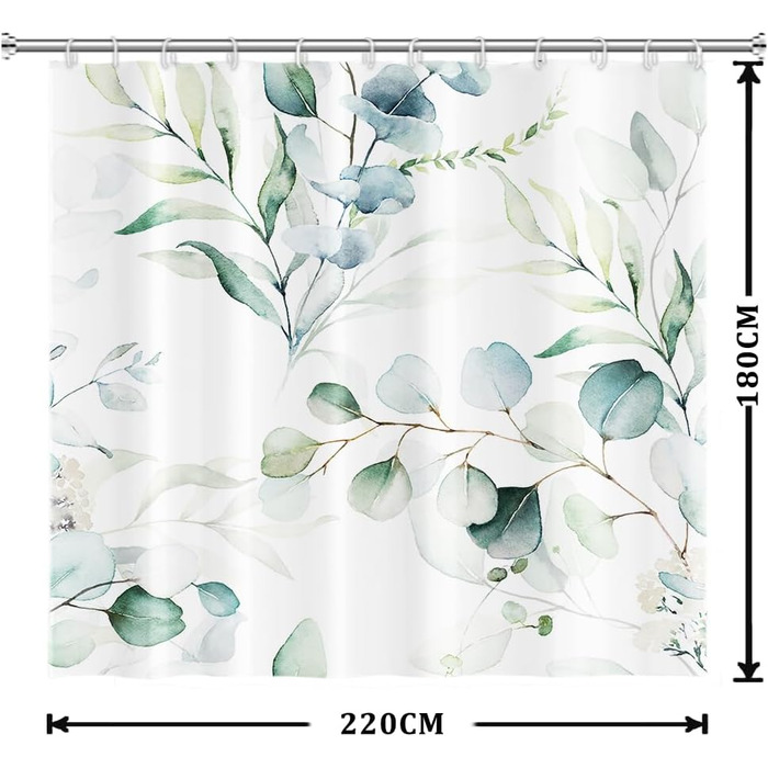 Шторка для душу 180x220 см, антигрибкова, з тропічним дизайном (зелені пальмові листя, евкаліпт, гриби), водонепроникна, з поліестеру, придатна для прання, для ванної кімнати, з 12 гачками