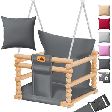 Дитячий гойдалка-колиска KIDIZ® для немовлят від 6 місяців та малюків до 3+ років. Дерев'яна гойдалка з регульованою висотою та м'якою подушкою. Для дому та вулиці, антрацит.