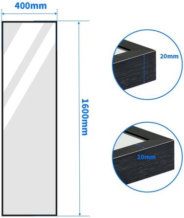 Дзеркало настінне Spiegel Schwarz 40x160 см з чорною рамою. Повнорозмірне дзеркало для спальні, вітальні або ванної кімнати. Прямокутне дзеркало з алюмінієвою рамою 40L x 160B cm